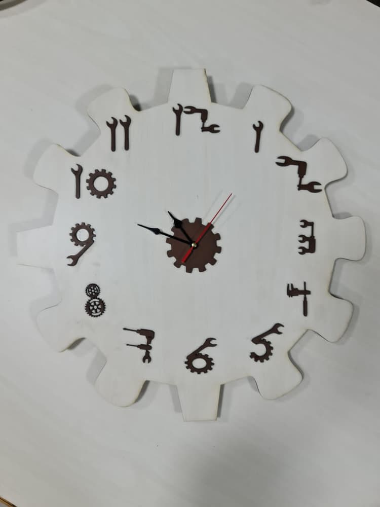 wooden wall clock in gear shape