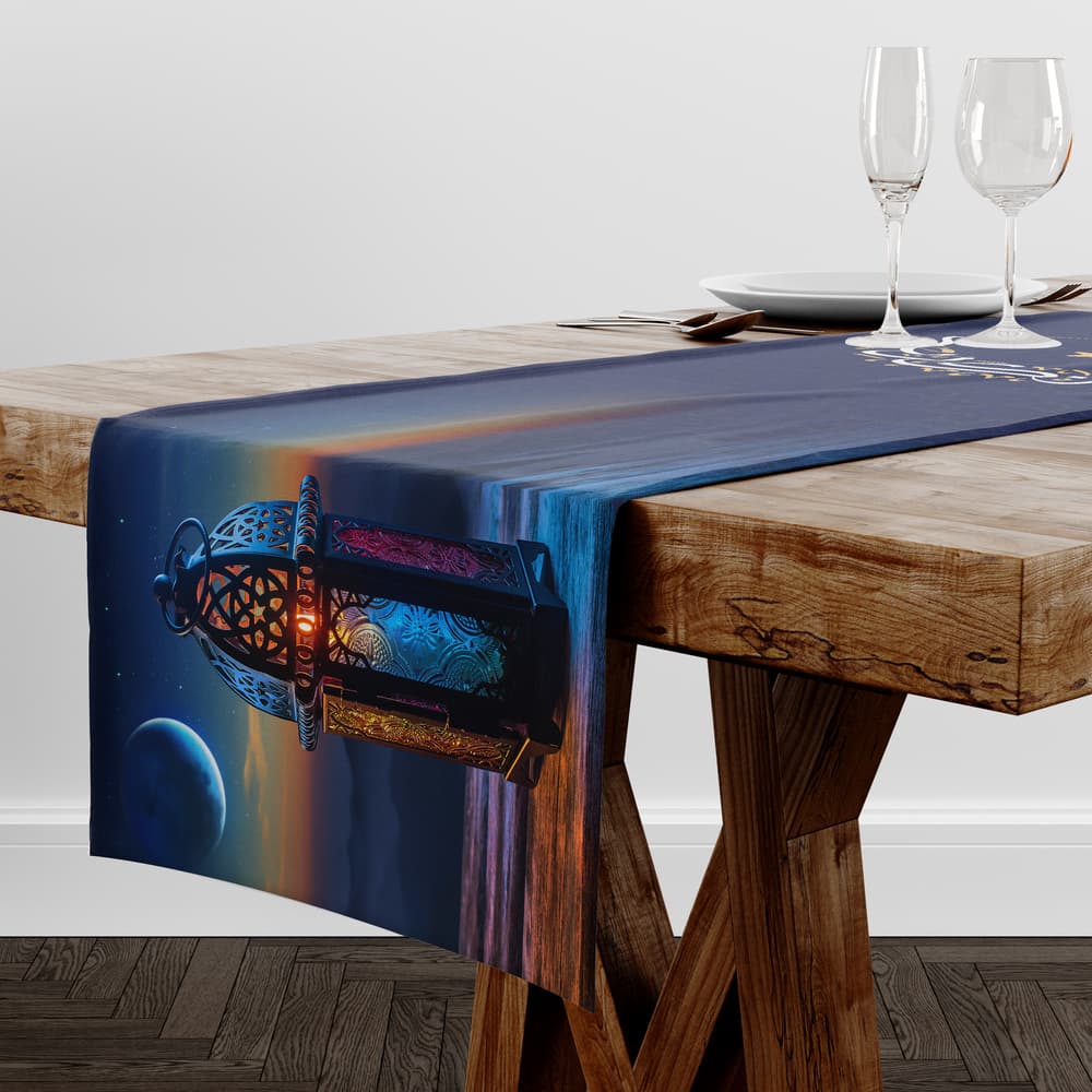 Indigo Blue Ramadan table runner with ornamental lantern pattern 1