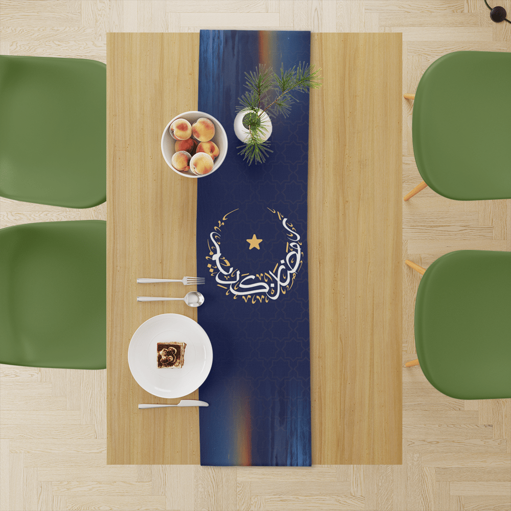 Indigo Blue Ramadan table runner with ornamental lantern pattern 2
