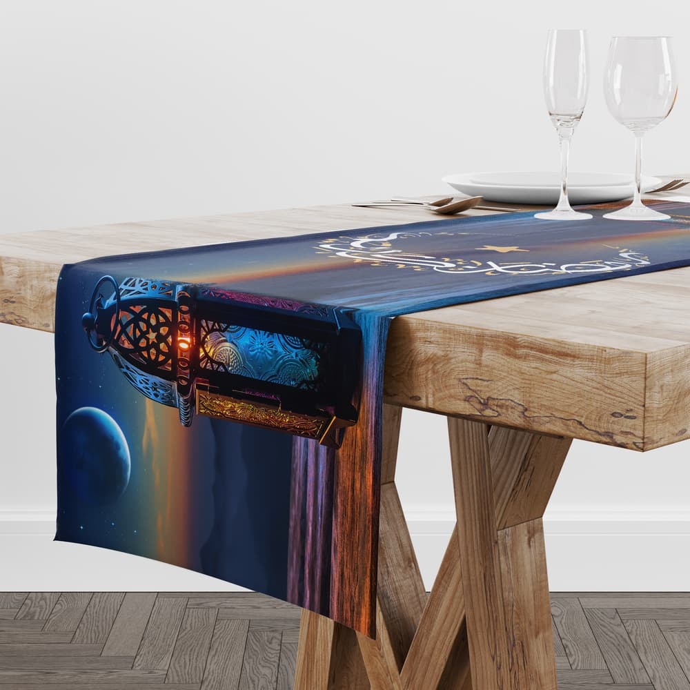Indigo Blue Ramadan table runner with ornamental lantern pattern short 1