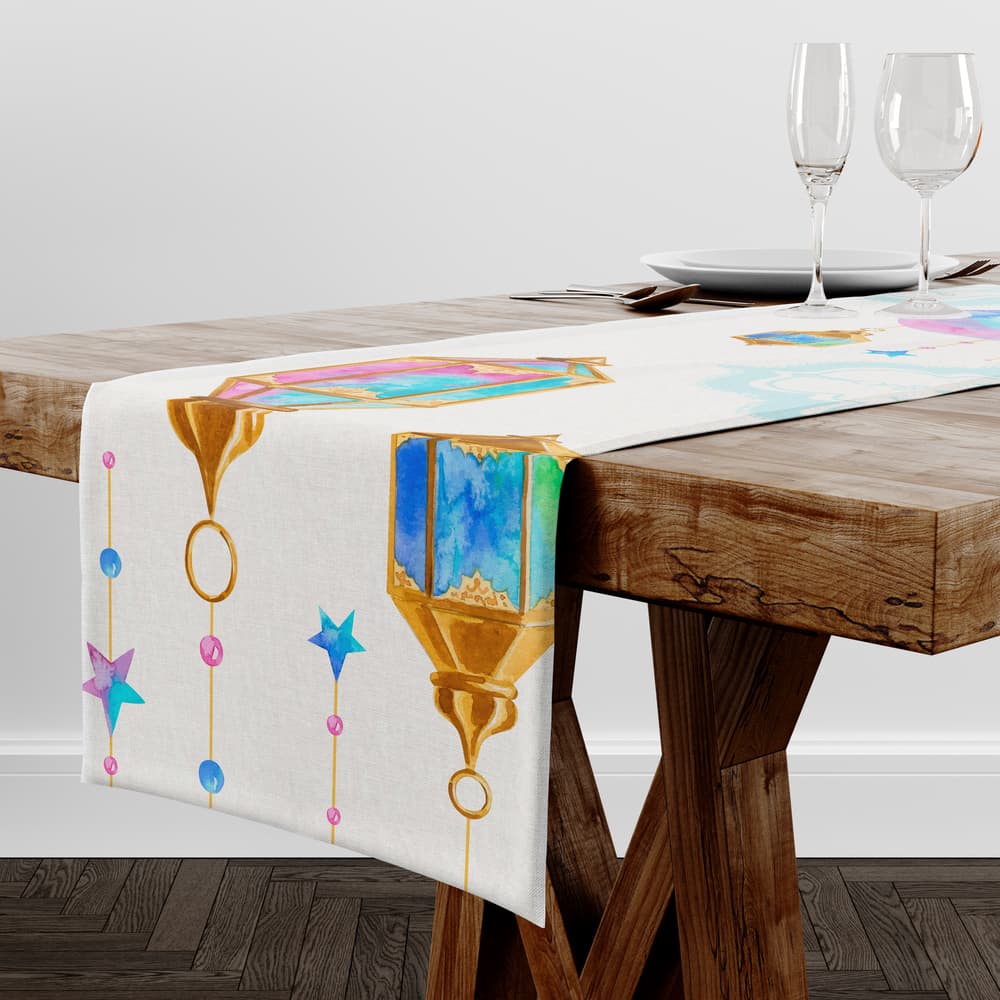  Off White Ramadan table runner with colorful lantern and crescent designs 1