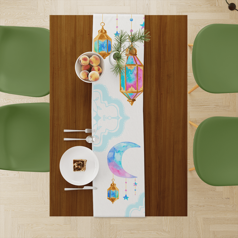 Off White Ramadan table runner with colorful lantern and crescent designs 2