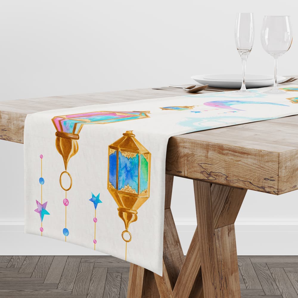 Off White Ramadan table runner with colorful lantern and crescent designs short