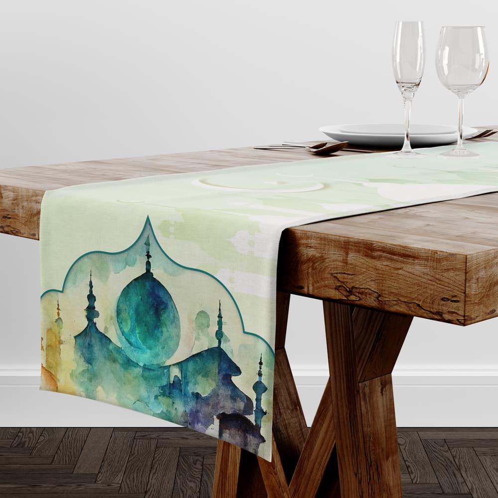 Light green Ramadan Table Runner with Islamic ornamental pattern 1