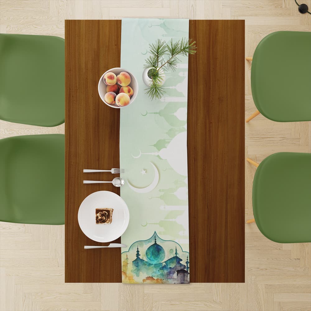 Light green Ramadan Table Runner with Islamic ornamental pattern 2
