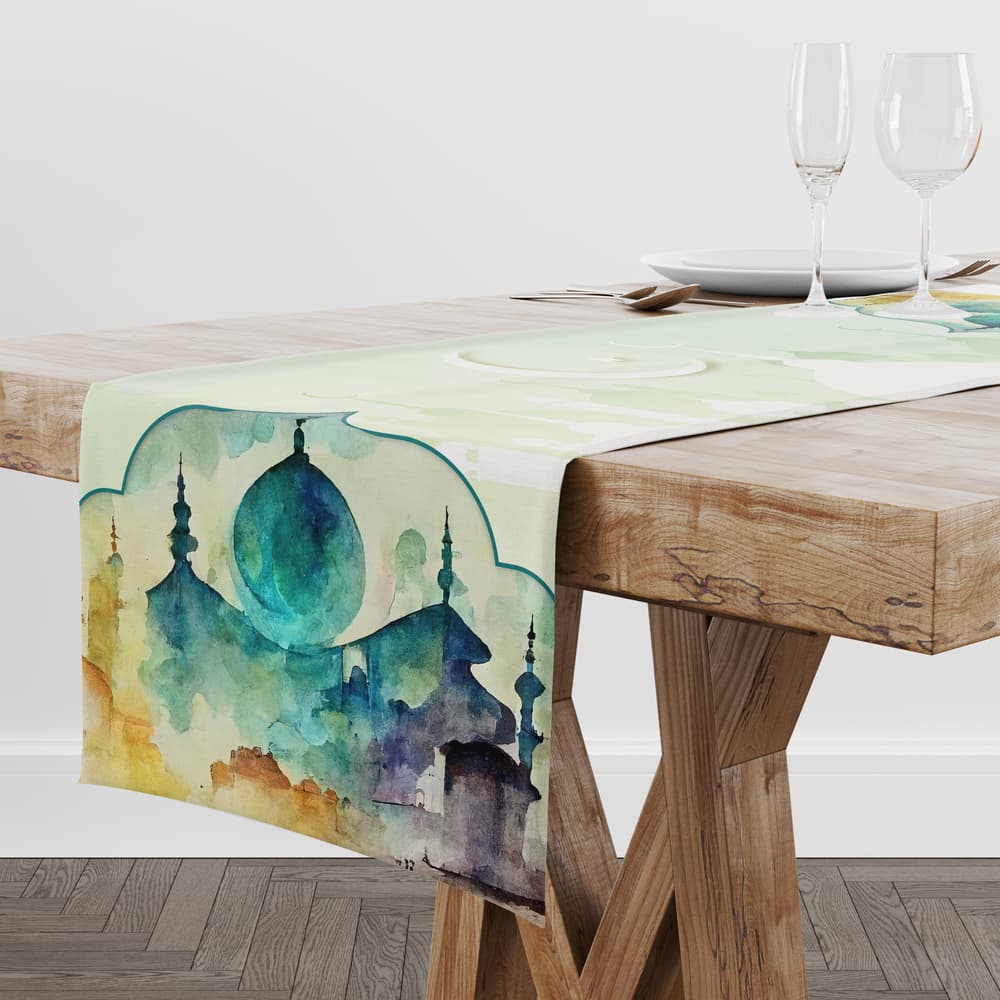 Light green Ramadan Table Runner with islamic ornamental pattern 1 short