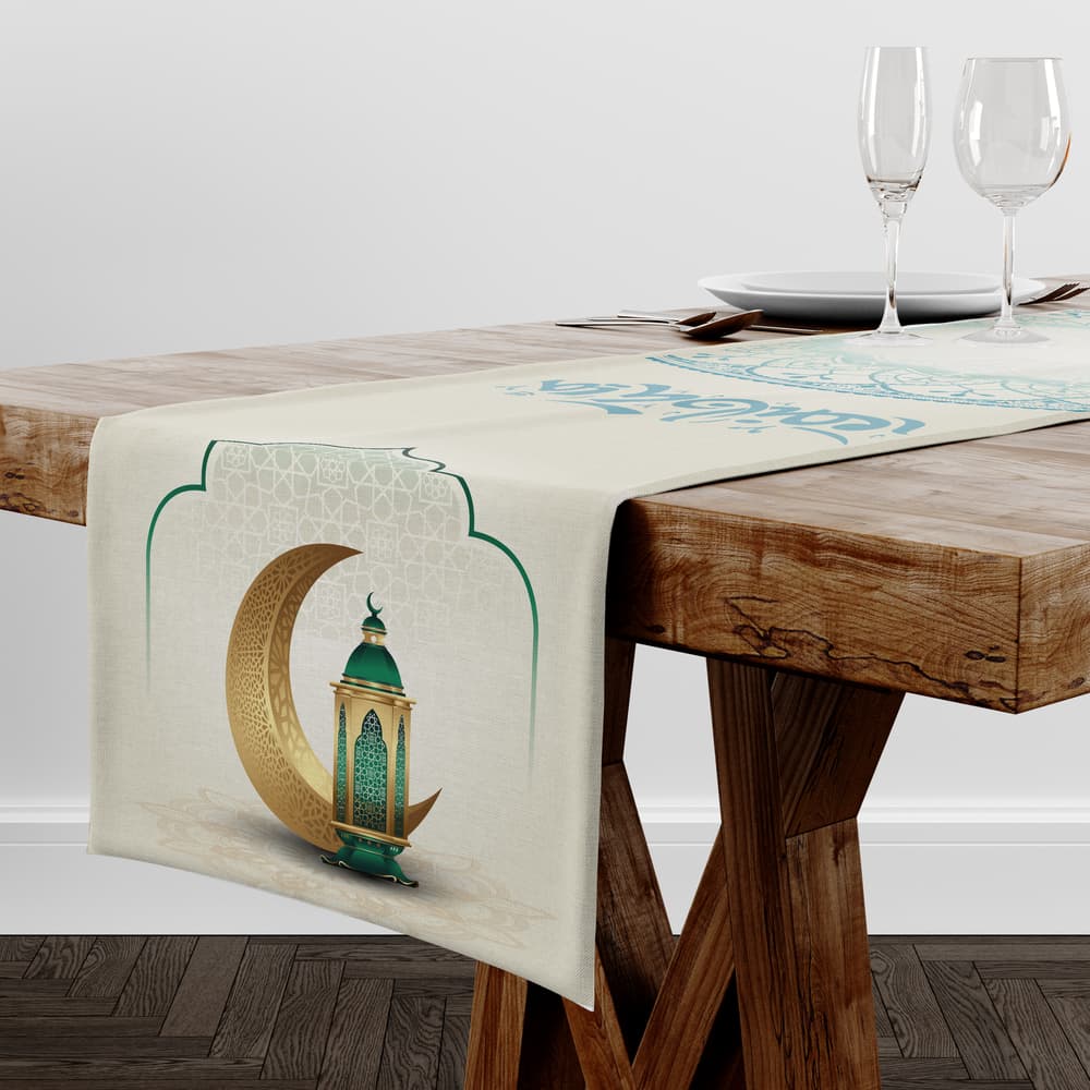 Ramadan Kareem Table Runner with ornamental lantern and crescent pattern 1