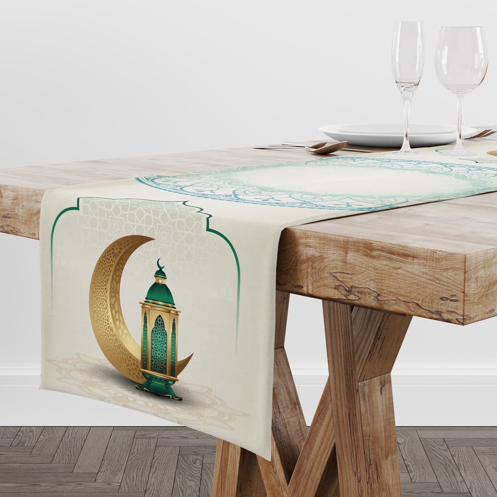 Ramadan Kareem Table Runner with ornamental lantern and crescent pattern 1 short