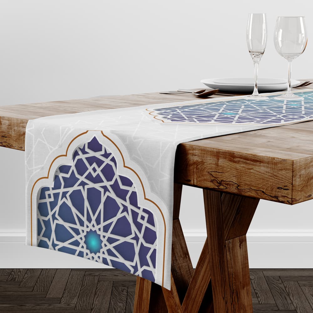 Grey Ramadan table runner with gradient Blue x Turquoise ornamental pattern 1