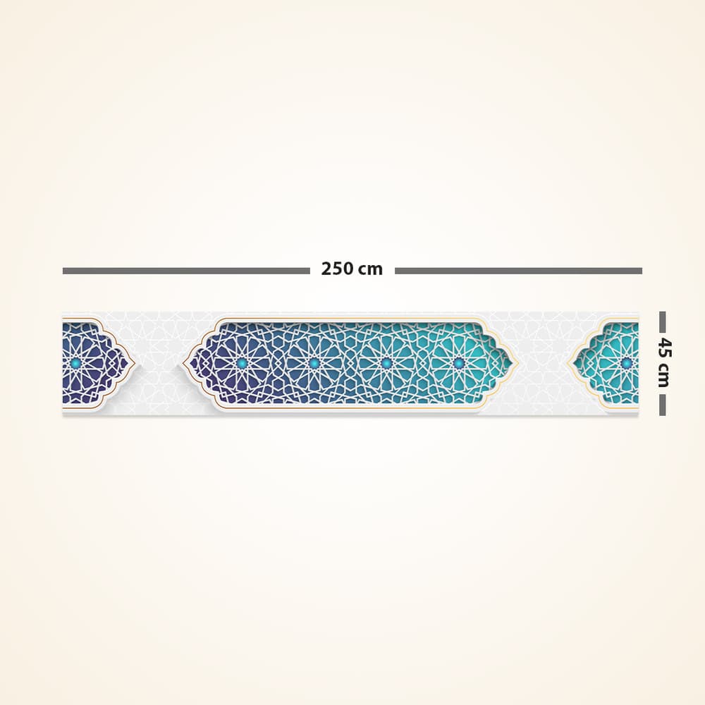 Grey Ramadan table runner with gradient Blue x Turquoise ornamental pattern 3