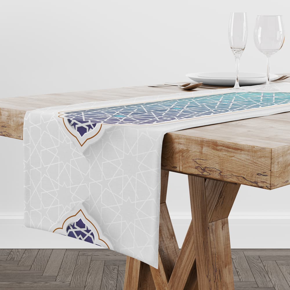 Grey Ramadan table runner with gradient Blue x Turquoise ornamental pattern 1