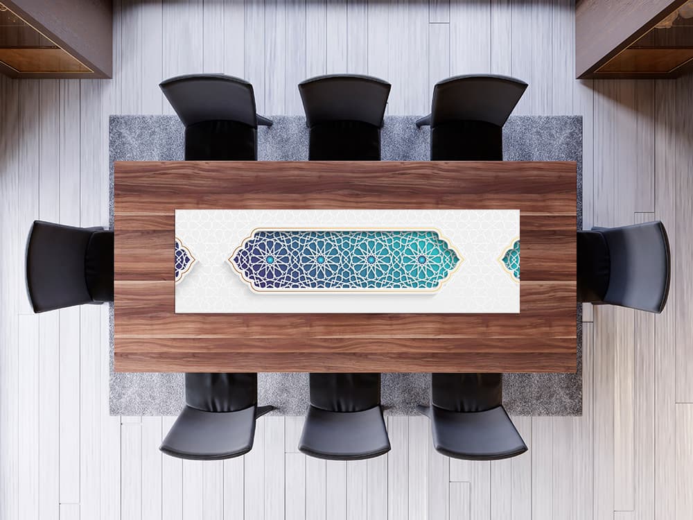 Grey Ramadan table runner with gradient Blue x Turquoise ornamental pattern 2