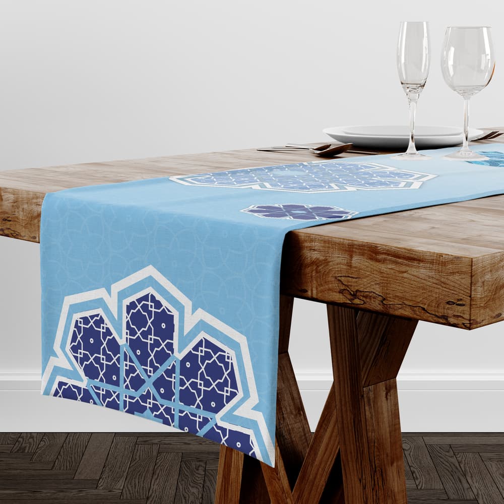 Baby blue Ramadan table runner with islamic ornamental &amp; crescent pattern 1
