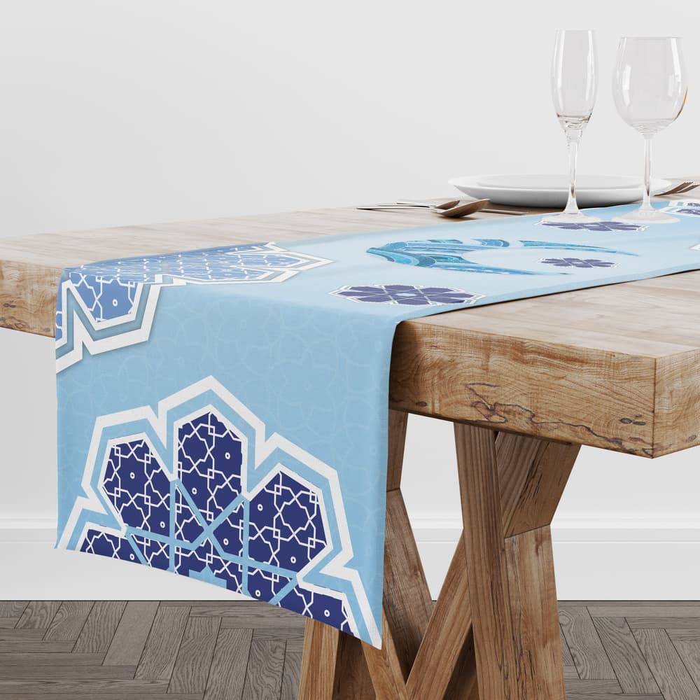 Baby blue Ramadan table runner with islamic ornamental &amp; crescent pattern 1 short