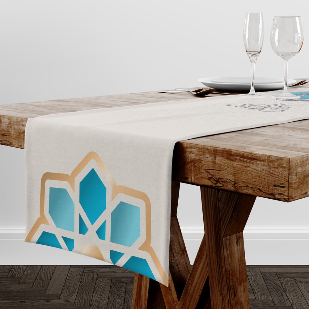 Beige table runner with Ramadan Kareem and Islamic ornamental pattern 1