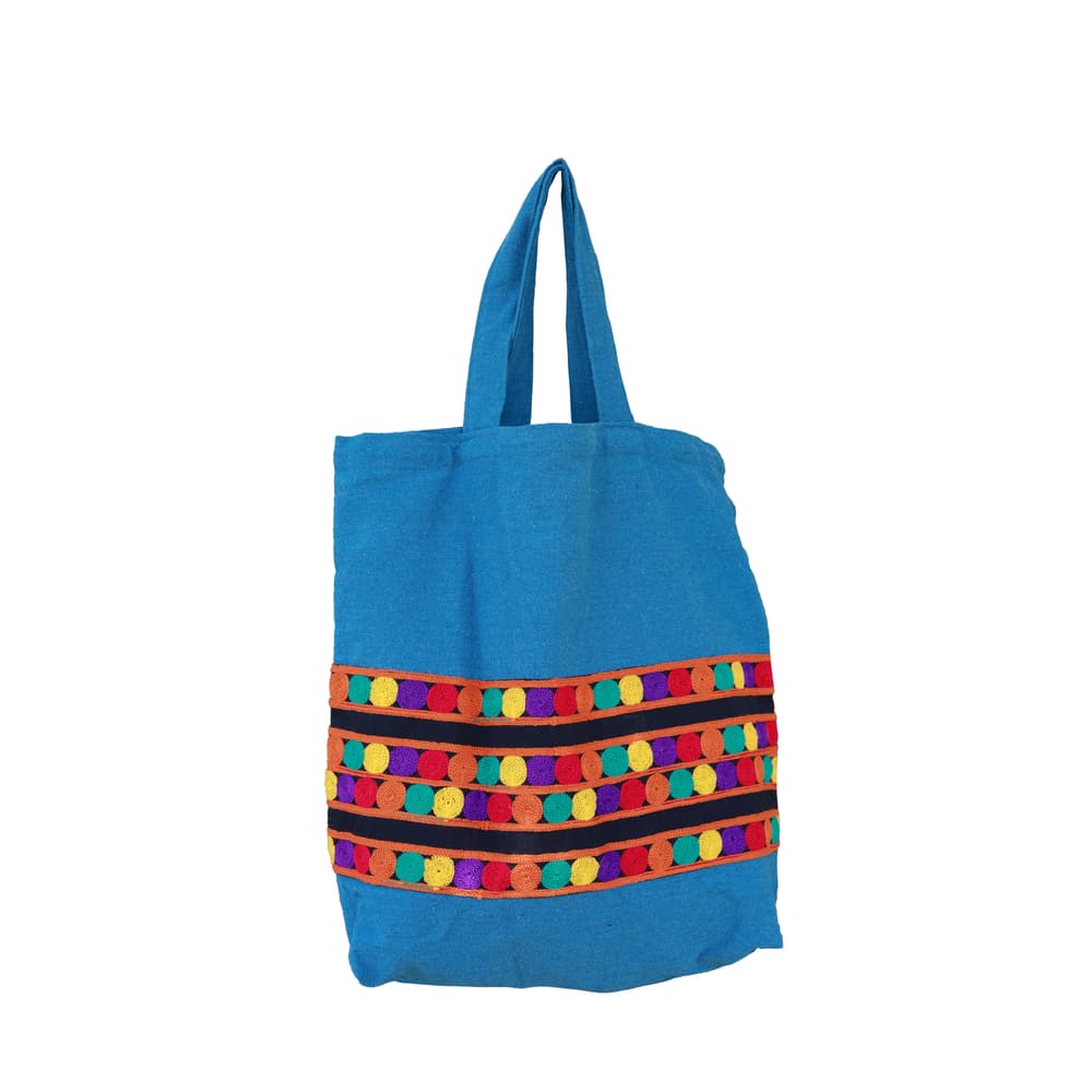 Blue Cotton Tote Bag With Colorful Straps 