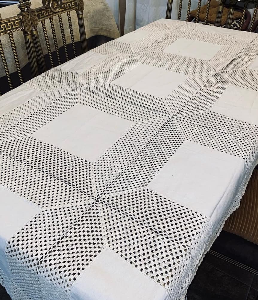 Large crochet dining tablecloth with dack fabric