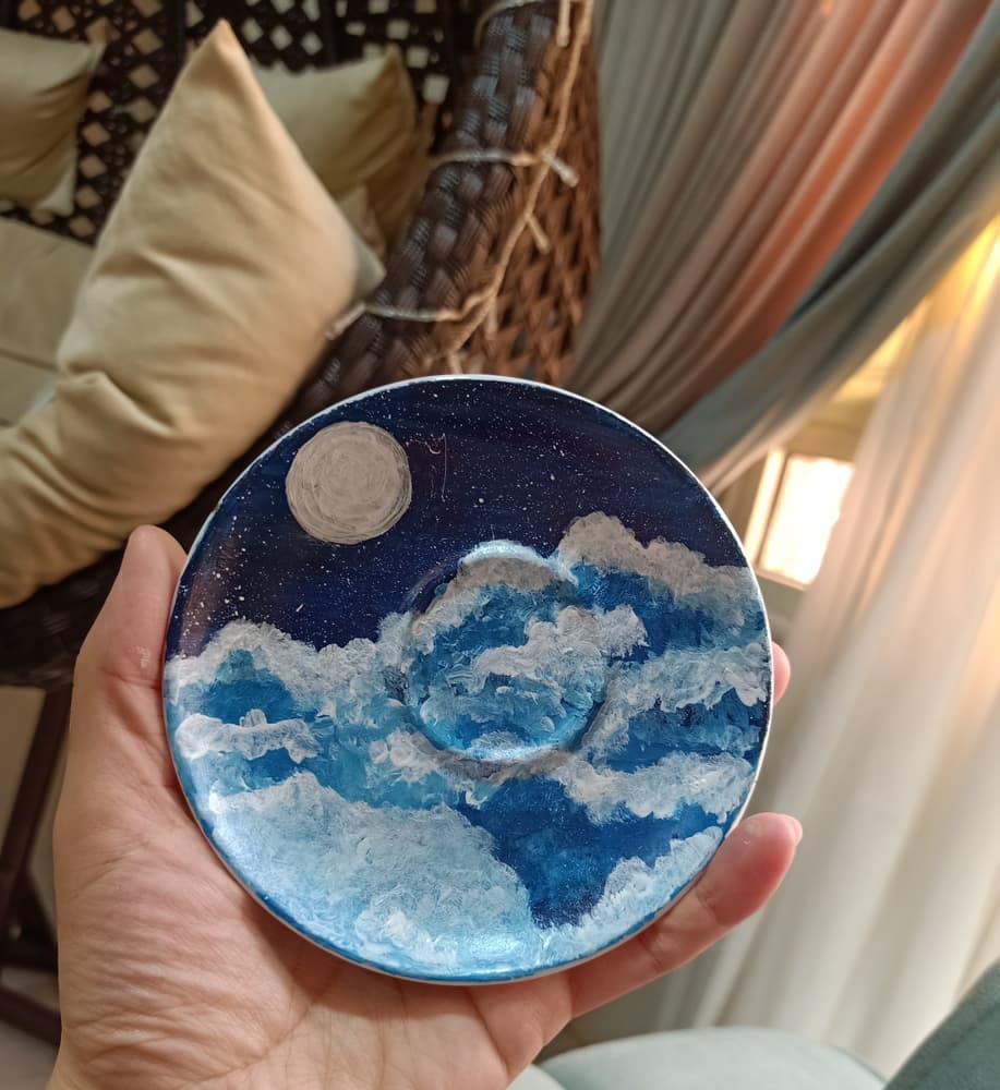 Painted Cloudy Sky and Moon Coffee Cup with painted plate