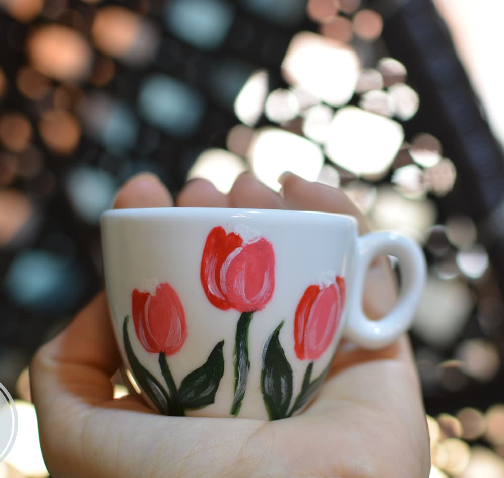 Tulips Painted porcelain mug with painted plate.