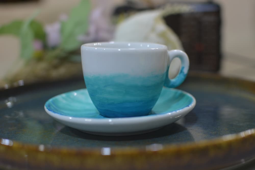Sea Painted porcelain mug with painted plate.