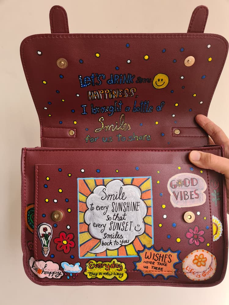 Burgandy handpainted bag with quotes 