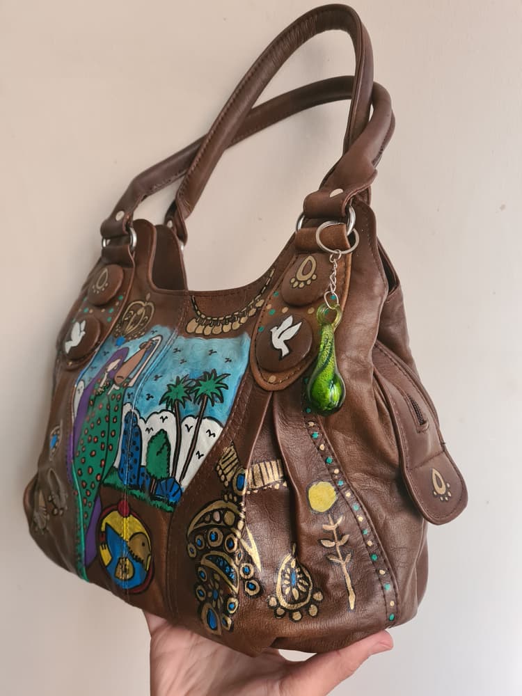 Handpainted cafe genuine leather handbag with fallahy design 