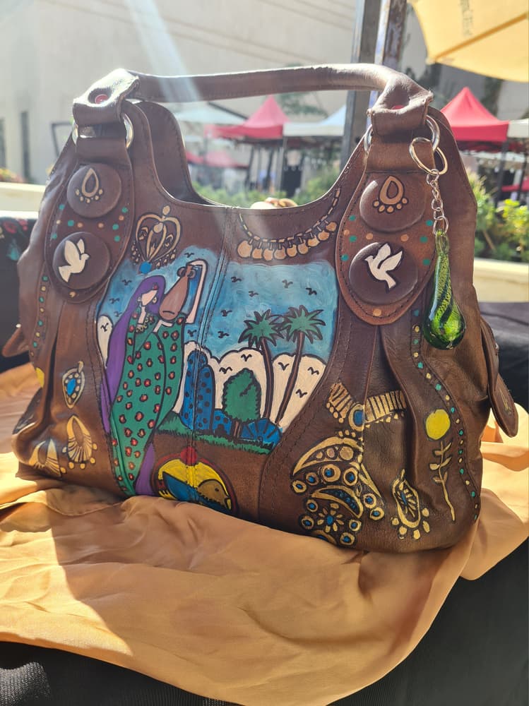 Handpainted cafe genuine leather handbag with fallahy design 