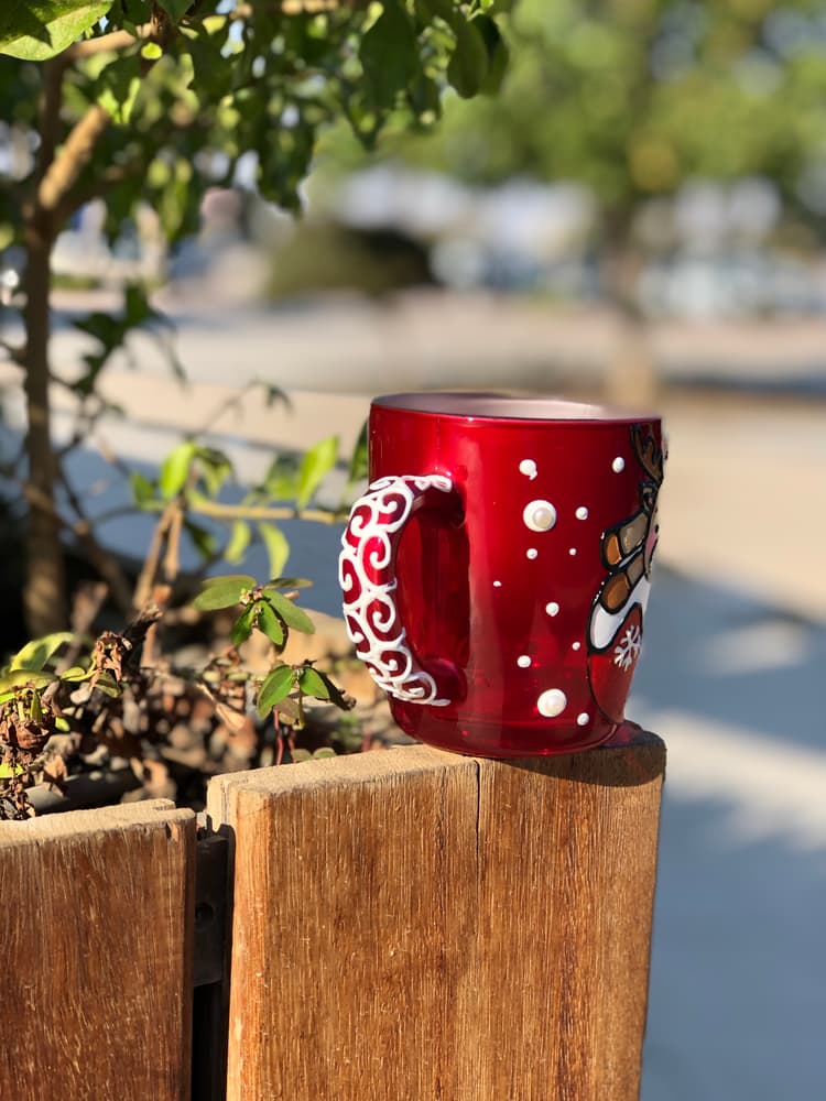 Painted Christmas vibes on red mug 