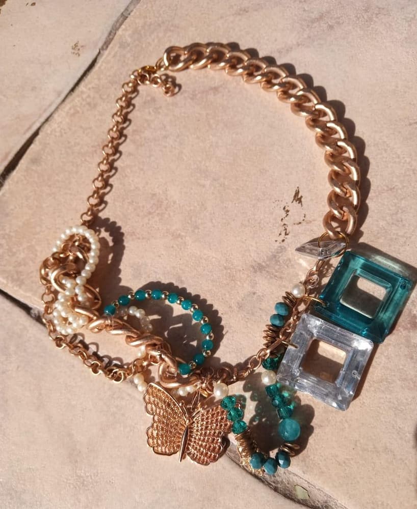 Chinese gold Butterfly with pearls and turquoise  beads necklace