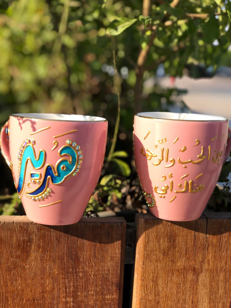 Painted names on Pink mug 