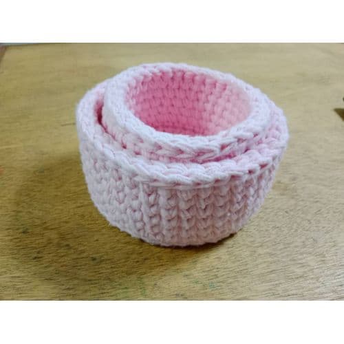 Set Of 2 Handmade Crochet Soft Circle Baskets Without Hands (2 Sizes ) Rose Color