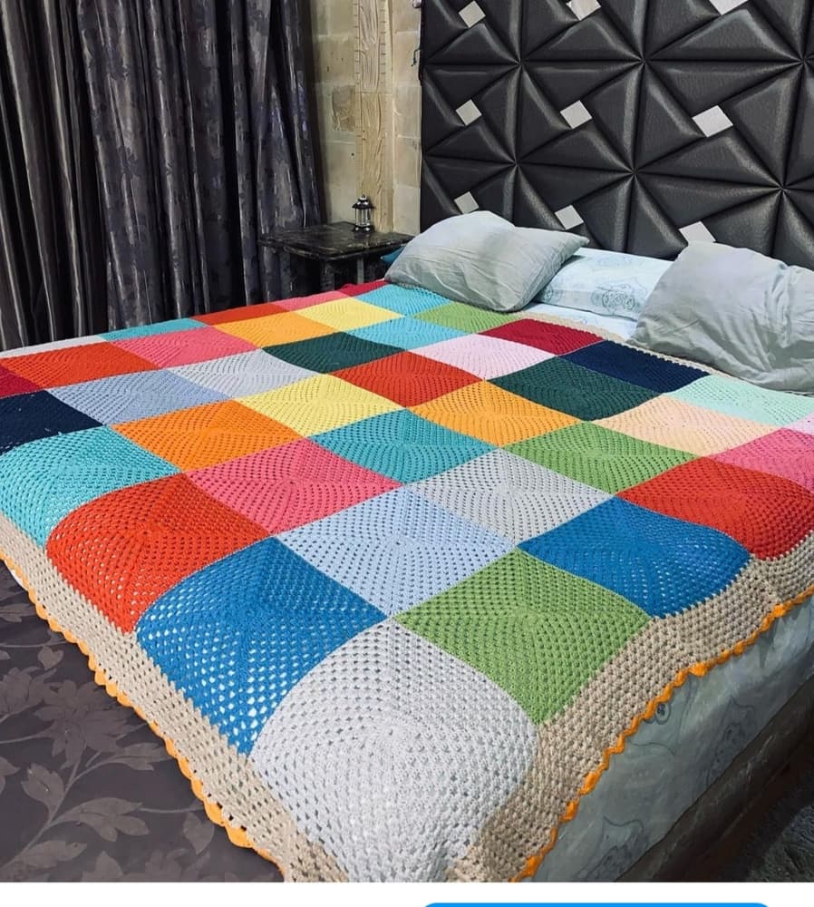 Gold cotton square crochet bedspread