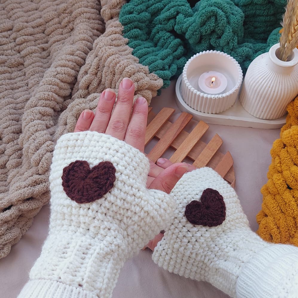 Brown Heart crochet fingerless gloves 