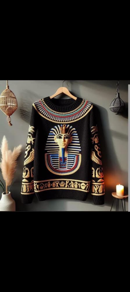 A hand made crocheted wool sweater with an Egyptian pharaoh theme 6