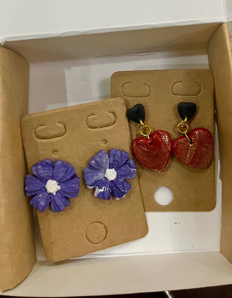 Set of Earrings-hearts and purple flowers for valentine 