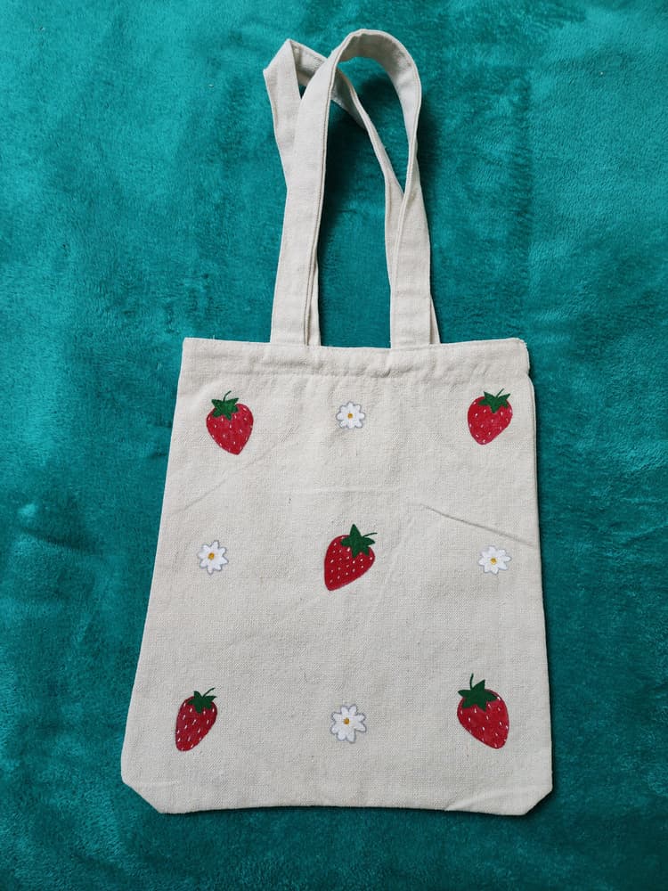Strawberries & Daisies Handpainted Tote Bag