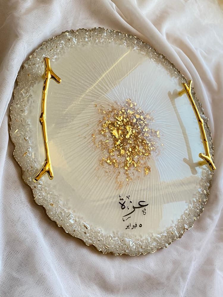 Resin Handmade Circle Tray with Stones and Writings (30 cm)