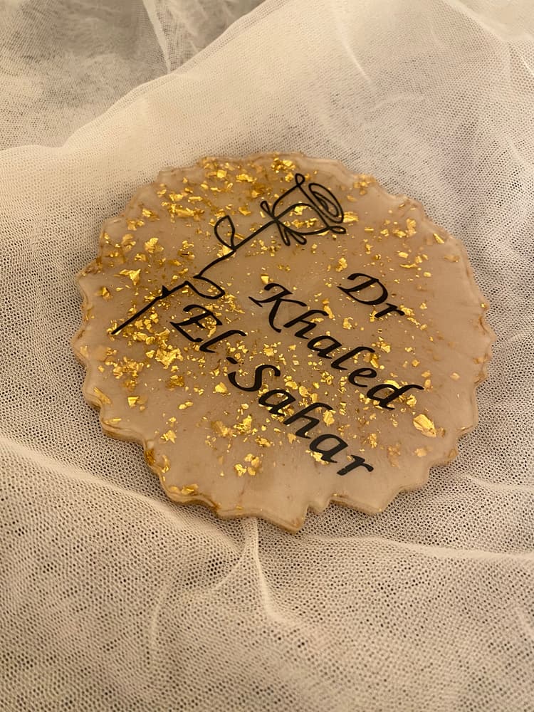 Resin Handmade Coaster with Writings and Metal Stand  (13 cm)