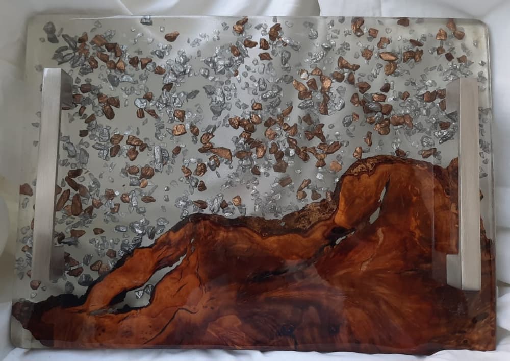 Epoxy tray made with natural wood and stones 