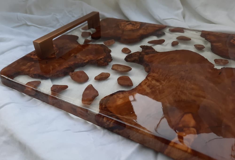 Epoxy tray made with natural wood and stones 