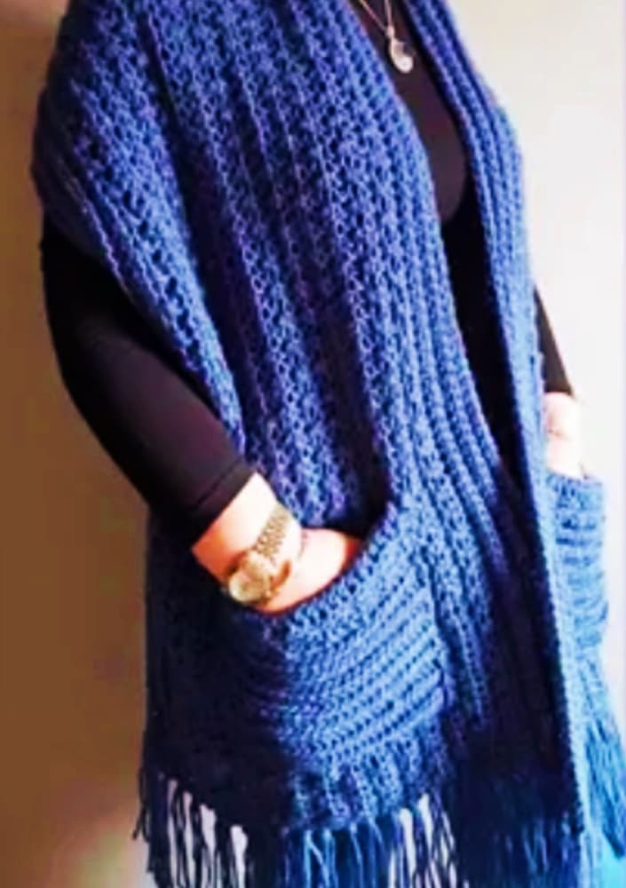 Crochet rectangular hand made shawl with pockets 