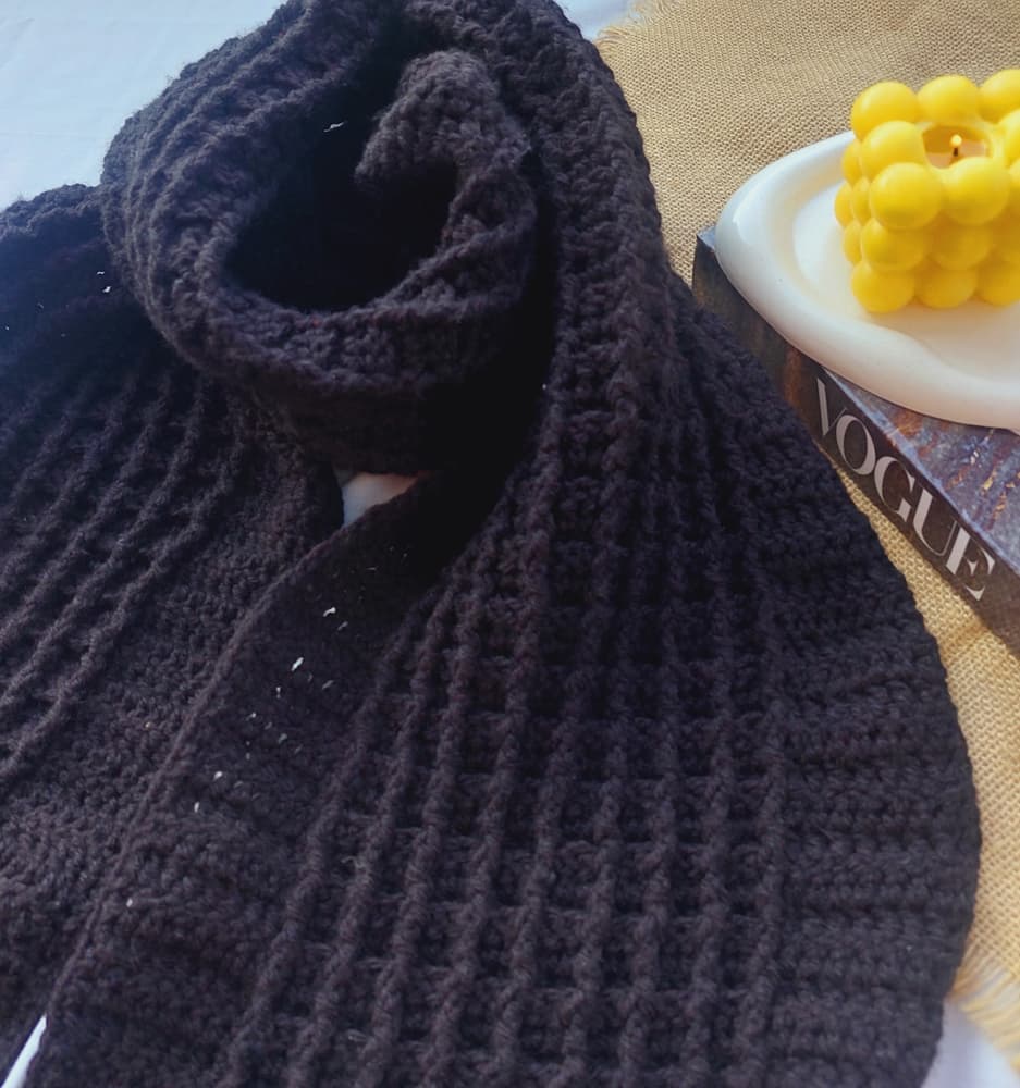 Black Waffle crochet scarf 