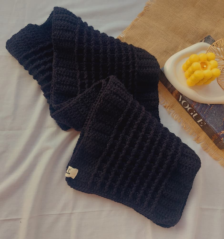 Black Waffle crochet scarf 