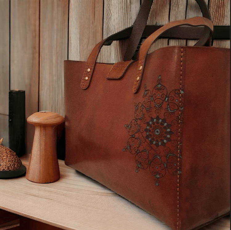 Mandala handmade genuine leather tote bag