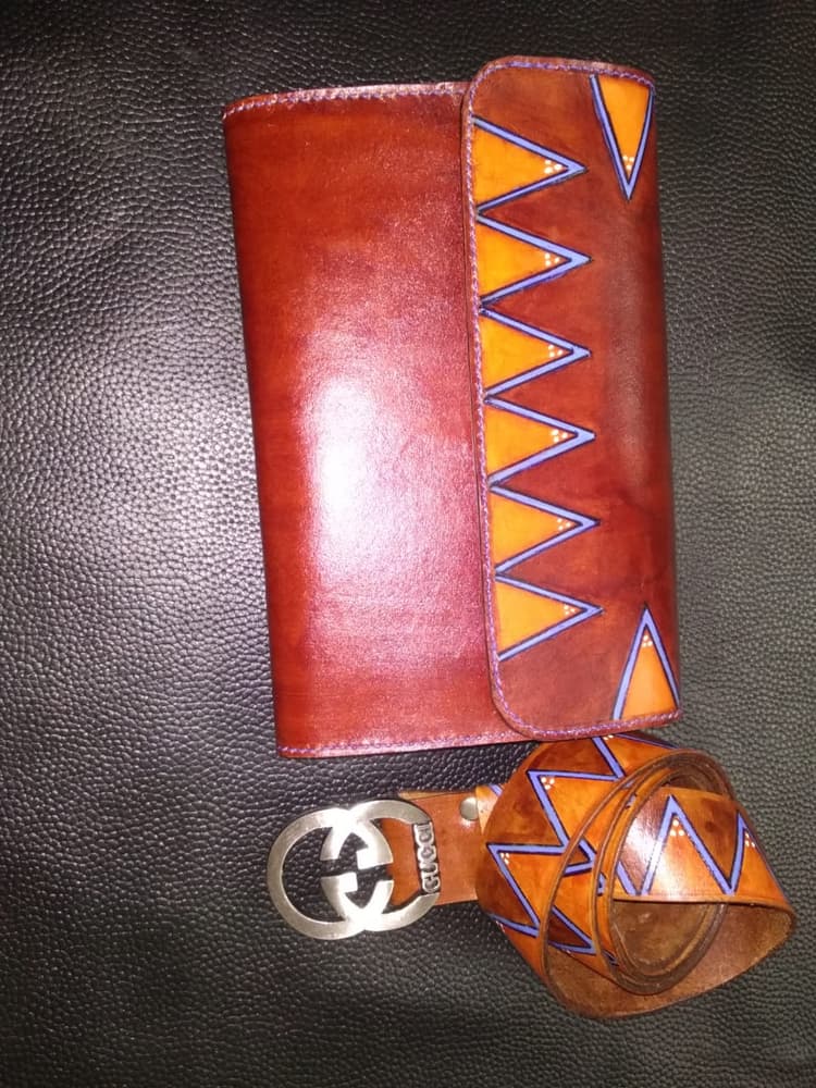 Bag and belt with hand-painted triangles