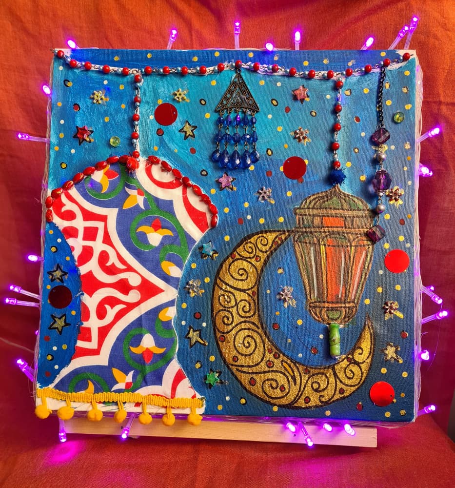 Customized handpainted Ramadan design square canvas with attached lights 