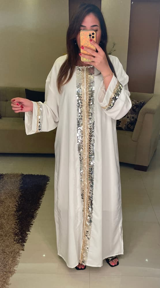 White padded abaya with gold sequins