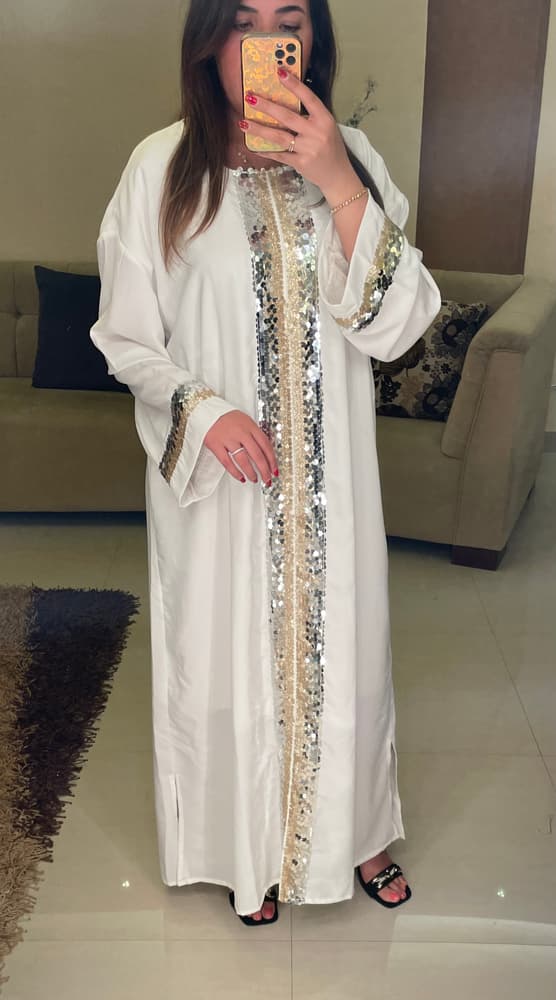 White padded abaya with gold sequins
