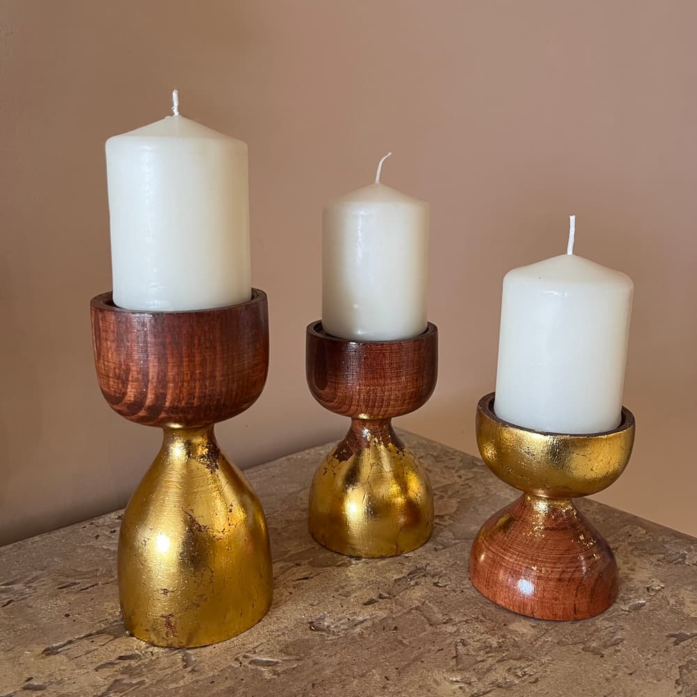 Beech wood candle holders with gold leaves 