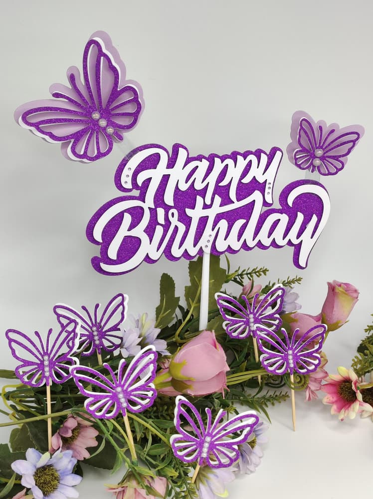 Happy Birthday Cake Topper + 6 Cupcake 3D Butterflies